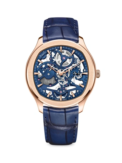 Piaget Women's Polo 18k Rose Gold & Alligator Leather Strap Skeleton Watch In Blue