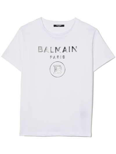 Balmain Kids' Metallic Logo Short-sleeve T-shirt In White
