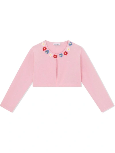 Dolce & Gabbana Kids' Cotton Cardigan With Floral Appliqués In Pink