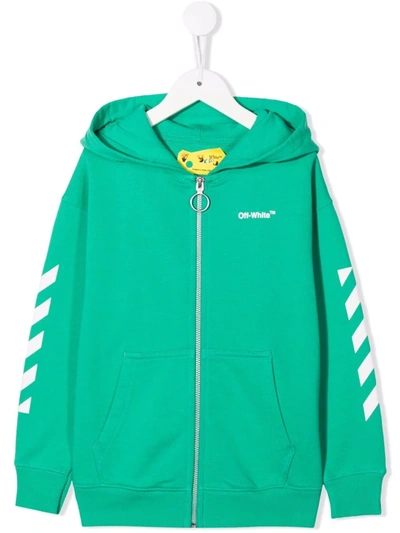 Off-white Kids' Off Helvetica Zip Cotton Hoodie In Зелёный ModeSens