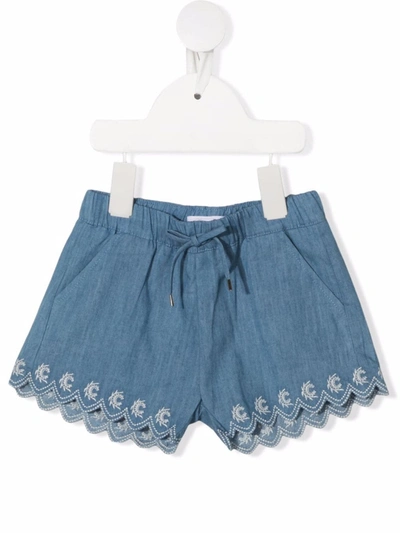 Chloé Babies' Floral-embroidered Cotton Shorts 6 Months-3 Years In Blue