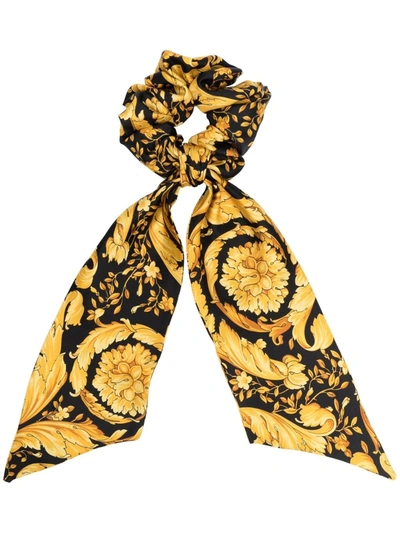 Versace Black & Gold Silk Barocco Scrunchie In Multicolour