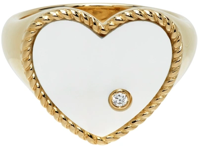 Yvonne Léon 9k Yellow Gold Heart Pearl And Diamond Signet Ring