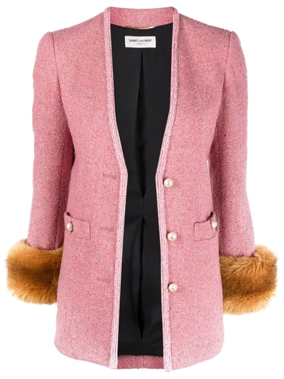 Saint Laurent Button-embellished Faux Fur-trimmed Metallic Bouclé-tweed Blazer In Pink