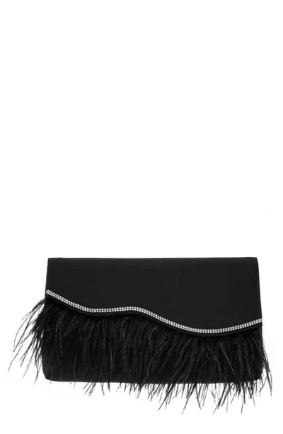 Nina Kaidy Feather Trim Satin Clutch In Black