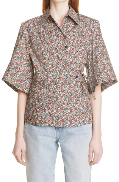 Ganni Floral-print Organic Cotton-poplin Wrap Shirt In Schwarz