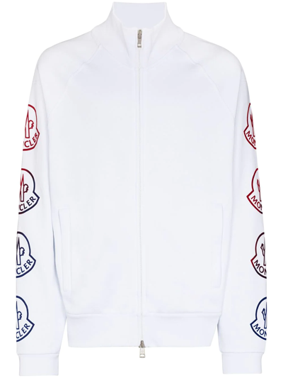 Moncler Logo-flocked Cotton-jersey Zip-up Sweatshirt In White