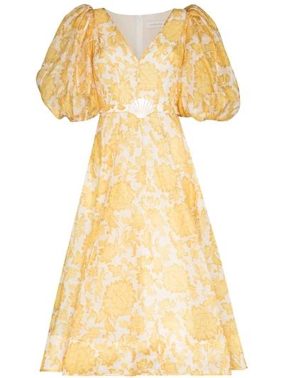 Zimmermann Postcard Belted Floral-print Linen And Silk-blend Midi Dress In Yellow,white