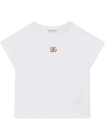 Dolce & Gabbana Kids' Encrusted Logo Cap-sleeve T-shirt In White