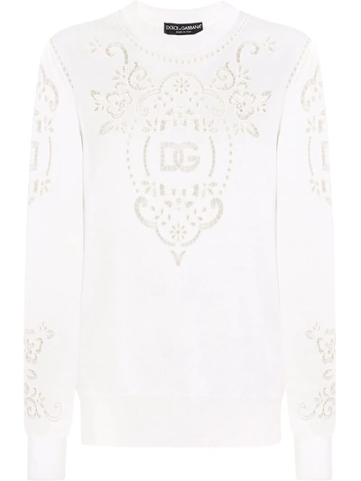 Dolce & Gabbana Silk Sweater With Dg Openwork Embroidery In White