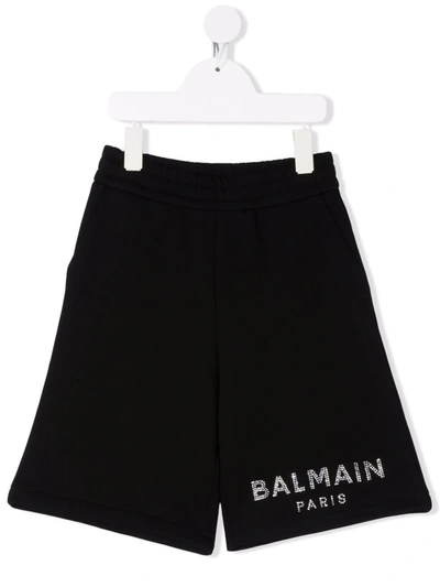 Balmain Teen Rhinestone-logo Track Shorts In Black
