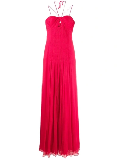 Alberta Ferretti Halter-neck Shirring Silk Gown In Red