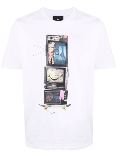 Ps By Paul Smith Tv-print Organic-cotton T-shirt In White
