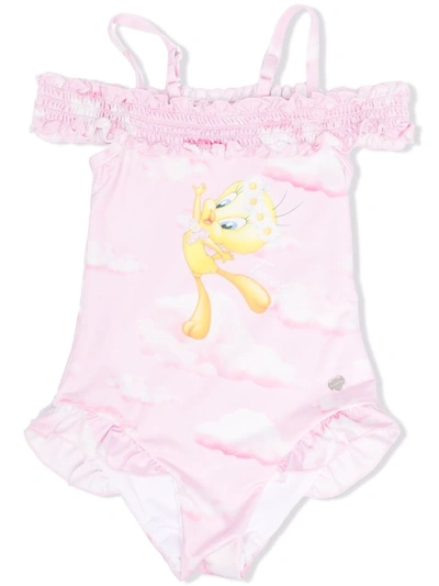 Monnalisa Kids' One-piece Swimsuit With Tweety Print In Pink