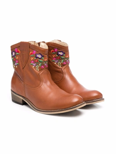 Pèpè Kids' Floral-embroidered Ankle Boots In Brown