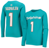 ZZDNU OUTERSTUFF YOUTH TUA TAGOVAILOA AQUA MIAMI DOLPHINS MAINLINER PLAYER NAME & NUMBER LONG SLEEVE T-SHIRT