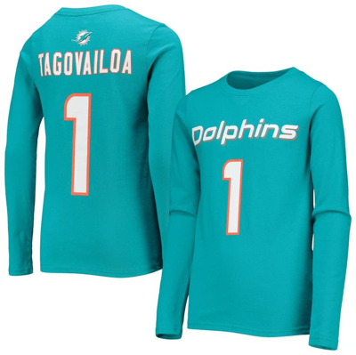 Zzdnu Outerstuff Kids' Youth Tua Tagovailoa Aqua Miami Dolphins Mainliner Player Name & Number Long Sleeve T-shirt