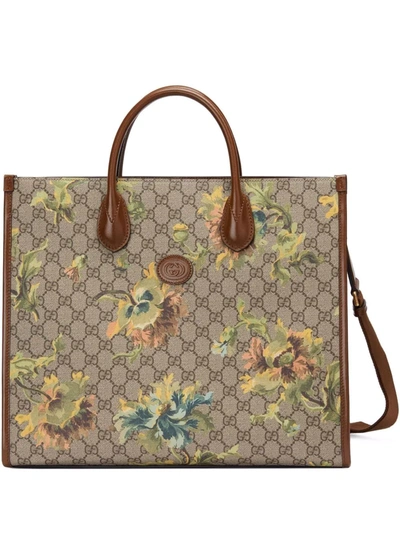 Gucci Gg Supreme Carnation Print Tote Bag In Beige,multi