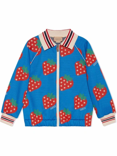 Gucci Kids' Strawberry-knit Zip Jacket In Blue