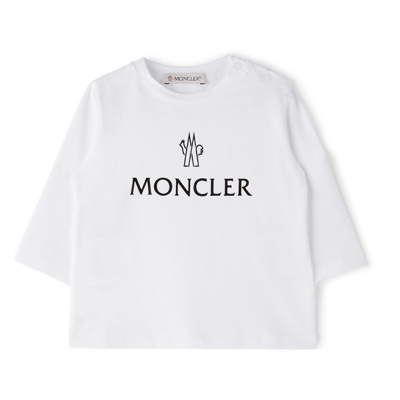 Moncler Baby White & Black Logo Long Sleeve T-shirt In 002 Beige