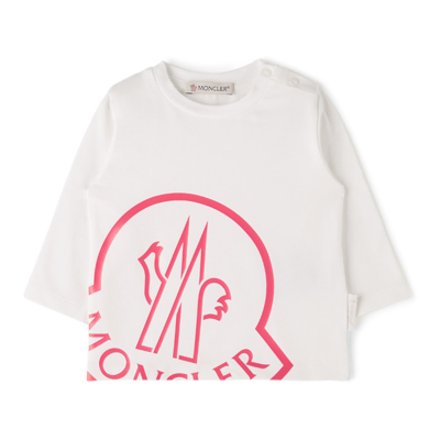 Moncler Baby White & Red Logo Long Sleeve T-shirt In 002 Beige