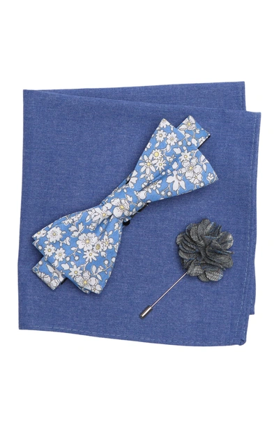 Original Penguin Landis Floral Bow Tie, Lapel Pin, & Pocket Square 3-piece Set In Blue