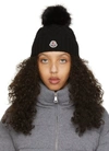 Moncler Wool Rib Beanie With Faux Fur Pompom In Nero