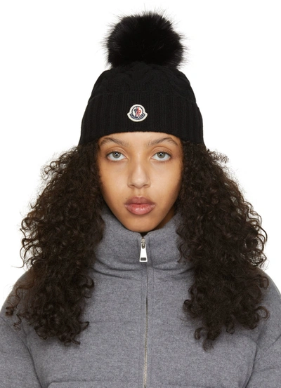 Moncler Wool Rib Beanie With Faux Fur Pompom In Nero