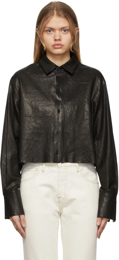 Frame Charlie Band Collar Leather Button-up Blouse In Black
