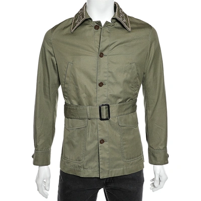 Pre-owned Alexander Mcqueen Olive Green Cotton Embroidered Collar Detail Belted Parka M