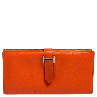 Pre-owned Hermes Hermés Feu Mysore Leather Bearn Gusset Wallet In Orange