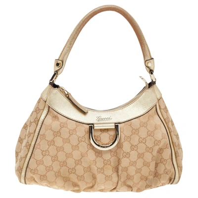Pre-owned Gucci Beige/gold Gg Canvas And Leather D Ring Hobo