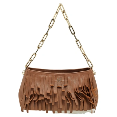 Pre-owned Carolina Herrera Carolina Hererra Brown Leather Fringe Chain Shoulder Bag