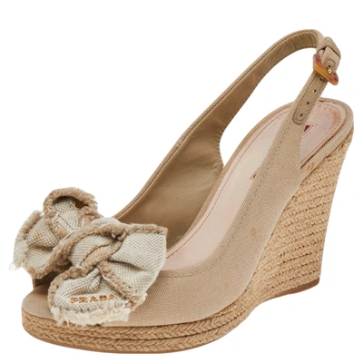 Pre-owned Prada Beige Canvas Bow Peep Toe Espadrille Wedge Sandals Size 37