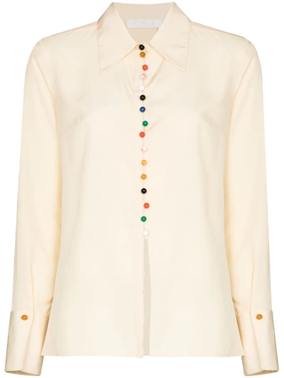 Chloé Button-down Silk Shirt With Multicolored Recycled Buttons In Neutrals