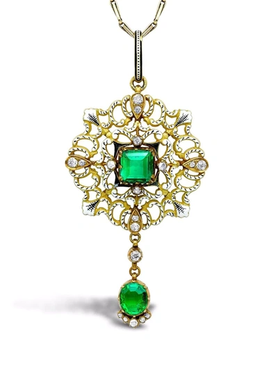 Pre-owned Pragnell Vintage 18kt Yellow Gold Carlo & Arthur Giuliano Emerald And Diamond Enamel Pendant Necklace