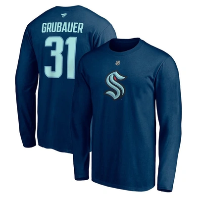 Fanatics Men's Philipp Grubauer Deep Sea Blue Seattle Kraken Authentic Stack Name And Number Long Sleeve T-sh