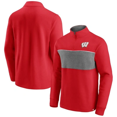 Fanatics Men's Red, Heathered Gray Wisconsin Badgers Primary Logo Quarter-zip Jacket In Red,heathered Gray