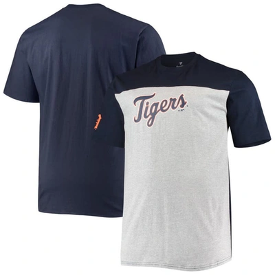 Fanatics Men's  Branded Navy And Heathered Gray Detroit Tigers Big And Tall Colorblock T-shirt In Navy,heathered Gray