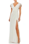 Mac Duggal Embellished Sleeve Jersey Wrap Gown In White Multi
