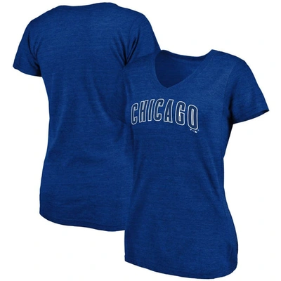 Fanatics Women's Heathered Royal Chicago Cubs Wordmark Tri-blend V-neck T-shirt In Heather Royal