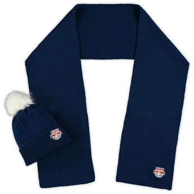 Zoozatz New York Red Bulls Fuzzy Cuffed Pom Knit Hat And Scarf Set In Navy