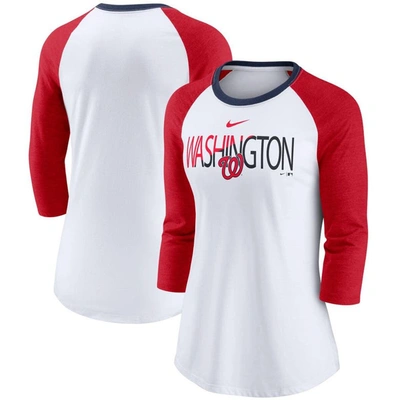 Nike Women's White, Heathered Red Washington Nationals Color Split Tri-blend 3/4 Sleeve Raglan T-shirt