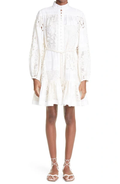 Zimmermann Andie Belted Patchwork Cotton-blend Corded Lace And Jacquard Mini Dress