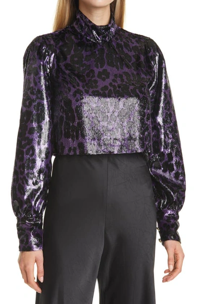 Diane Von Furstenberg Sala Cropped Metallic Leopard-print Velvet Turtleneck Top In Purple