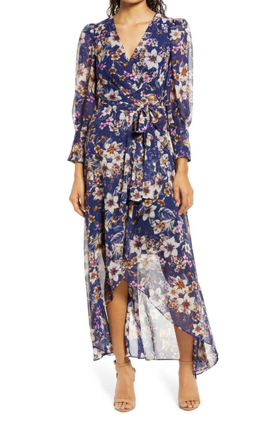 Eliza J Floral Print High-low Faux Wrap Dress In Navy
