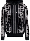 Balmain Hooded Wool Blend Sweater With All-over Monogram In White/black