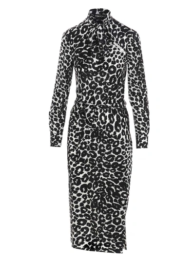 Tom Ford Leopard-print Tie-neck Belted Cutout Midi Dress In Black