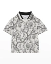 BURBERRY BOY'S ETCHED BEAR & FLORAL LOGO POLO SHIRT