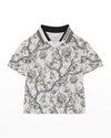 Burberry Boy's Etched Bear & Floral Logo Polo Shirt In Blackwhite Ip Pat